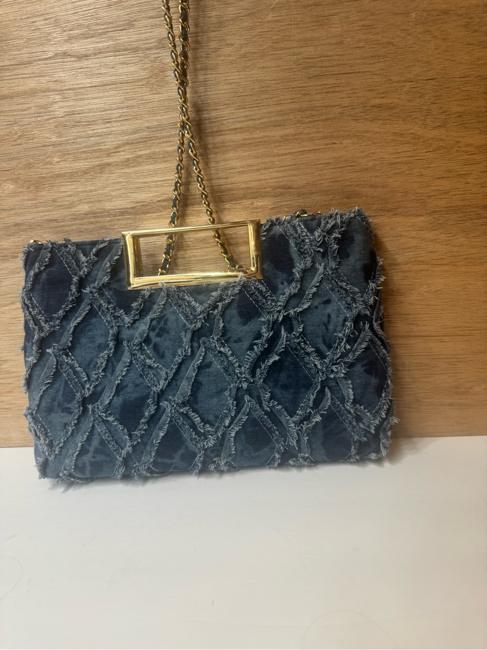 Denim Quilted Clutch  and crossbody with Gold Handle - Picture 7 of 11